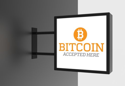 Elegant bitcoin accepted here signboard. 3D illustrating. - Image of Cryptocurrencies, Bitcoin