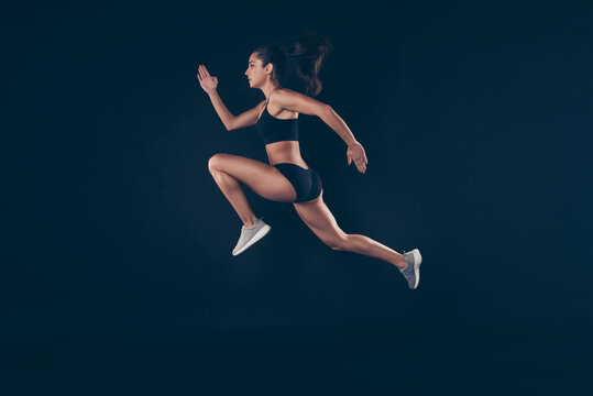 Full size profile photo short sport suit lady sprint run jogger wide steps professional inspired to 