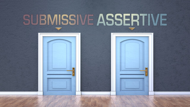 Submissive and assertive as a choice - pictured as words Submissive, assertive on doors to show that