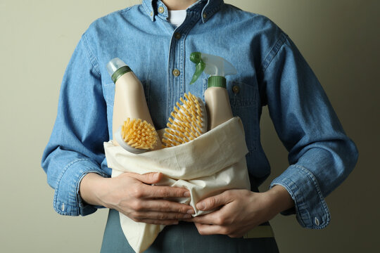 Woman hold bag with eco friendly cleaning products - Image of Crafts and Hobbies, Eco-friendly
