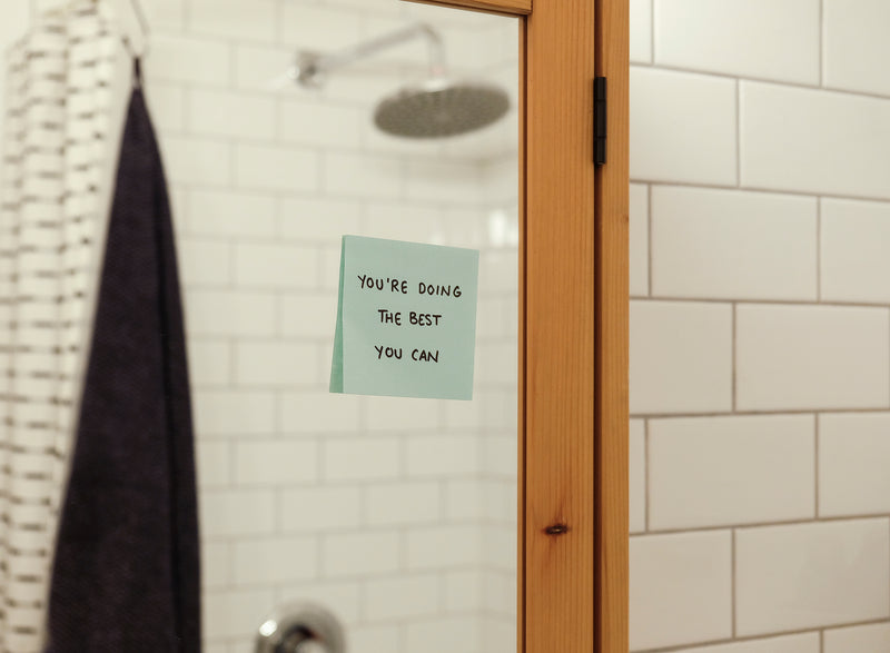 blue note on a bathroom mirror reads a positive message - Image of Health & Fitness, Sleep is one of