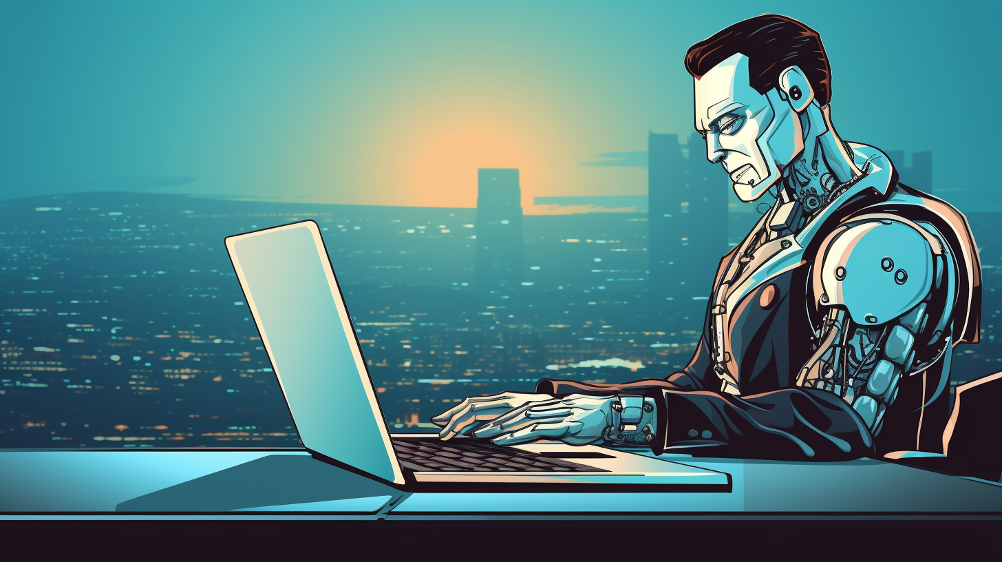 Illustration of a robot typing on a computer