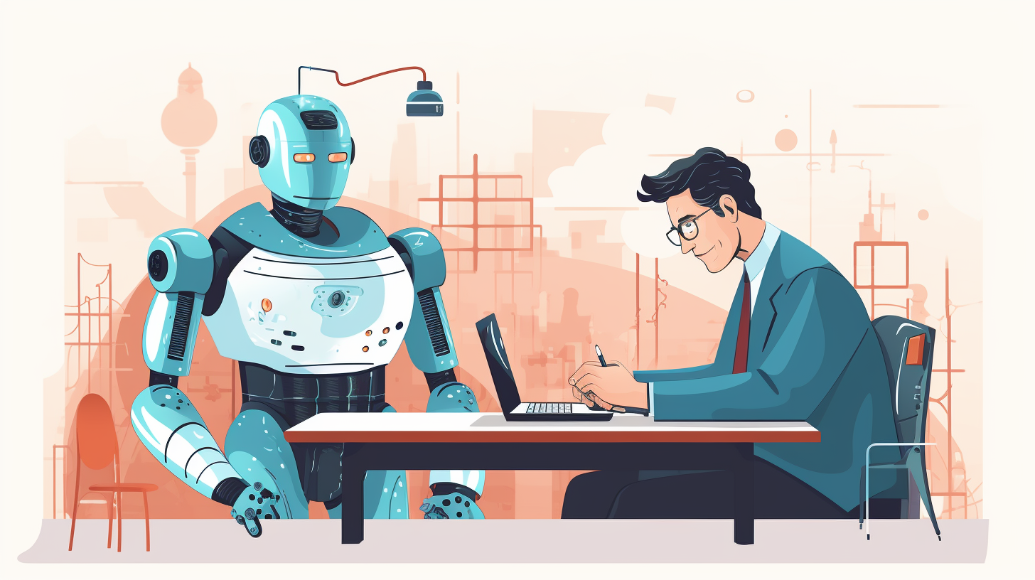 Illustration of a person and a robot working together on a piece of writing