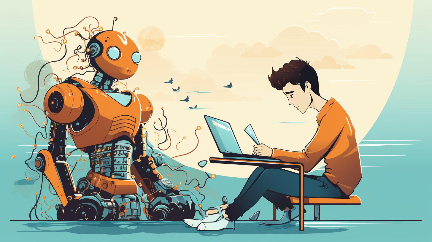 Illustration of a person typing on a computer with a thought bubble of a robot writing