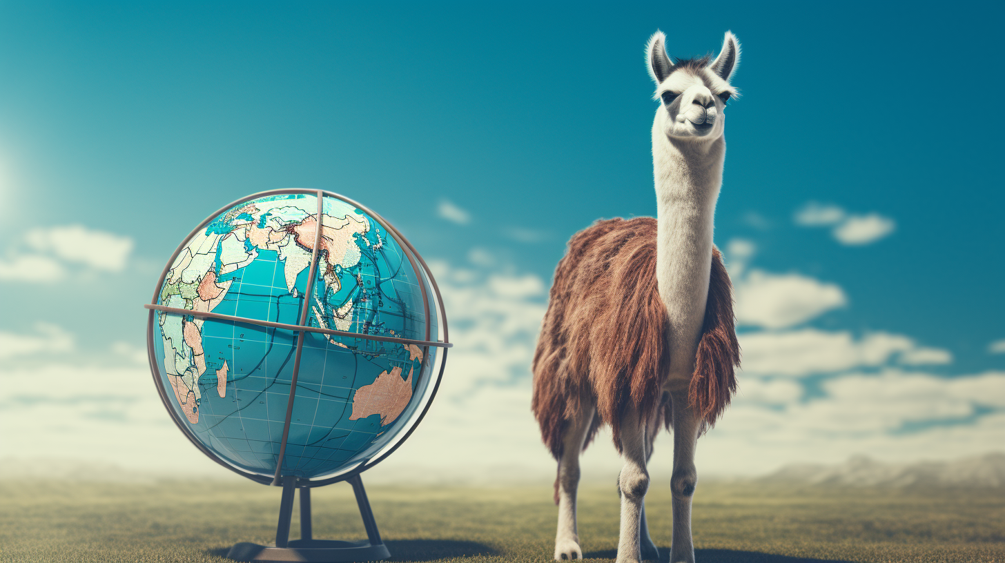 An image of a globe with a llama standing on top of it