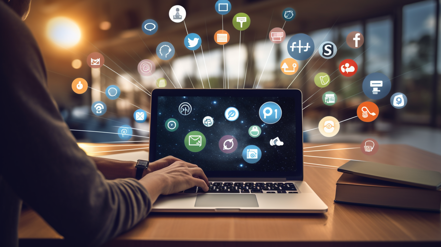 A person typing on a laptop with various social media icons in the background