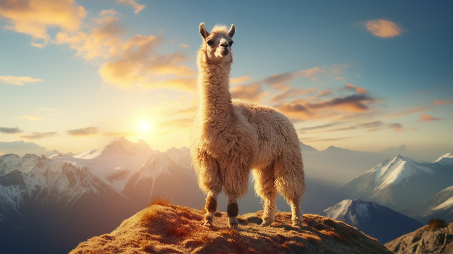 An image of a llama standing triumphantly on top of a mountain