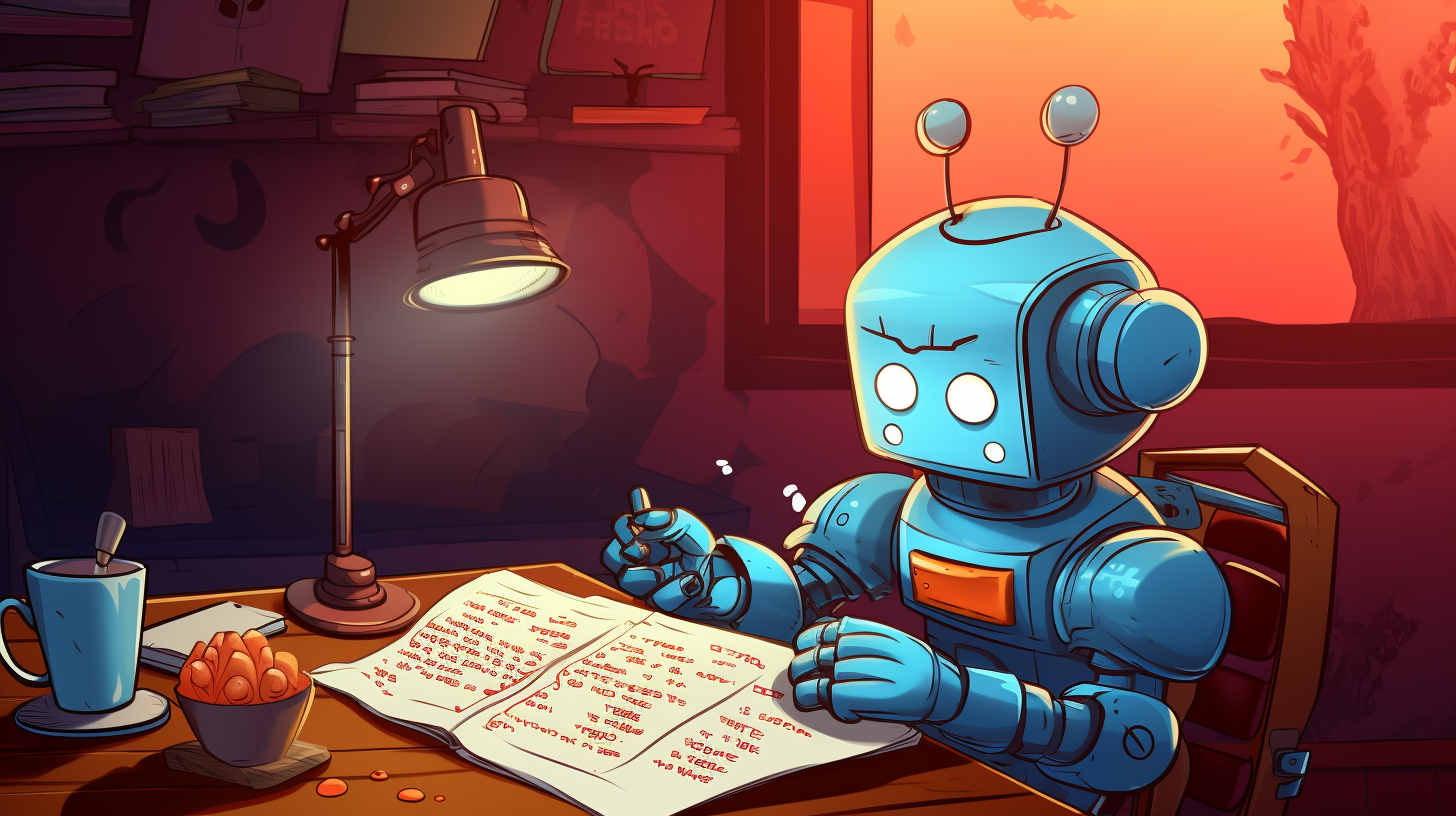 Cartoon image of a robot struggling to write content