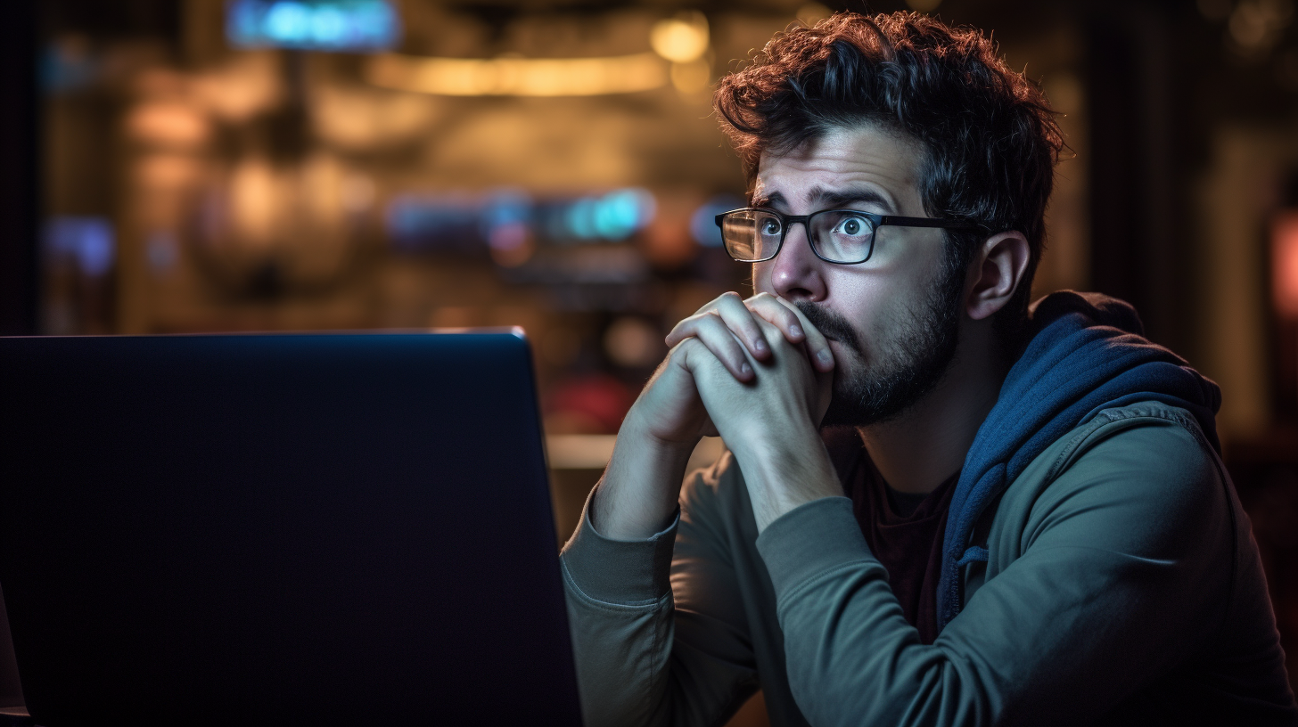 A person looking at a computer screen with a confused expression