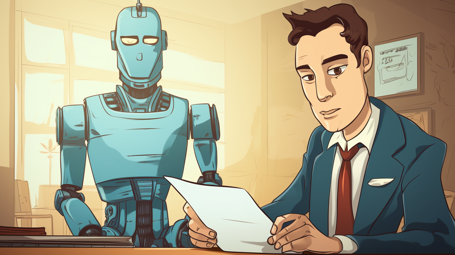 A cartoon drawing of a robot holding a pen and paper
