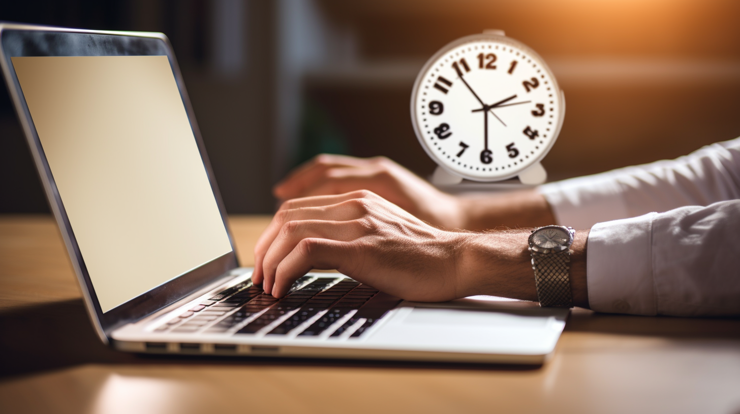 A person typing on a computer keyboard with a clock in the background