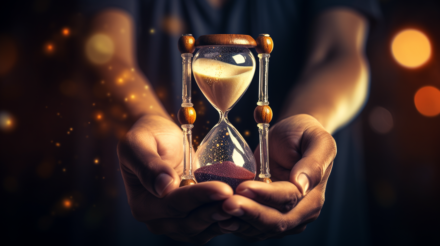 Person holding a clock or hourglass