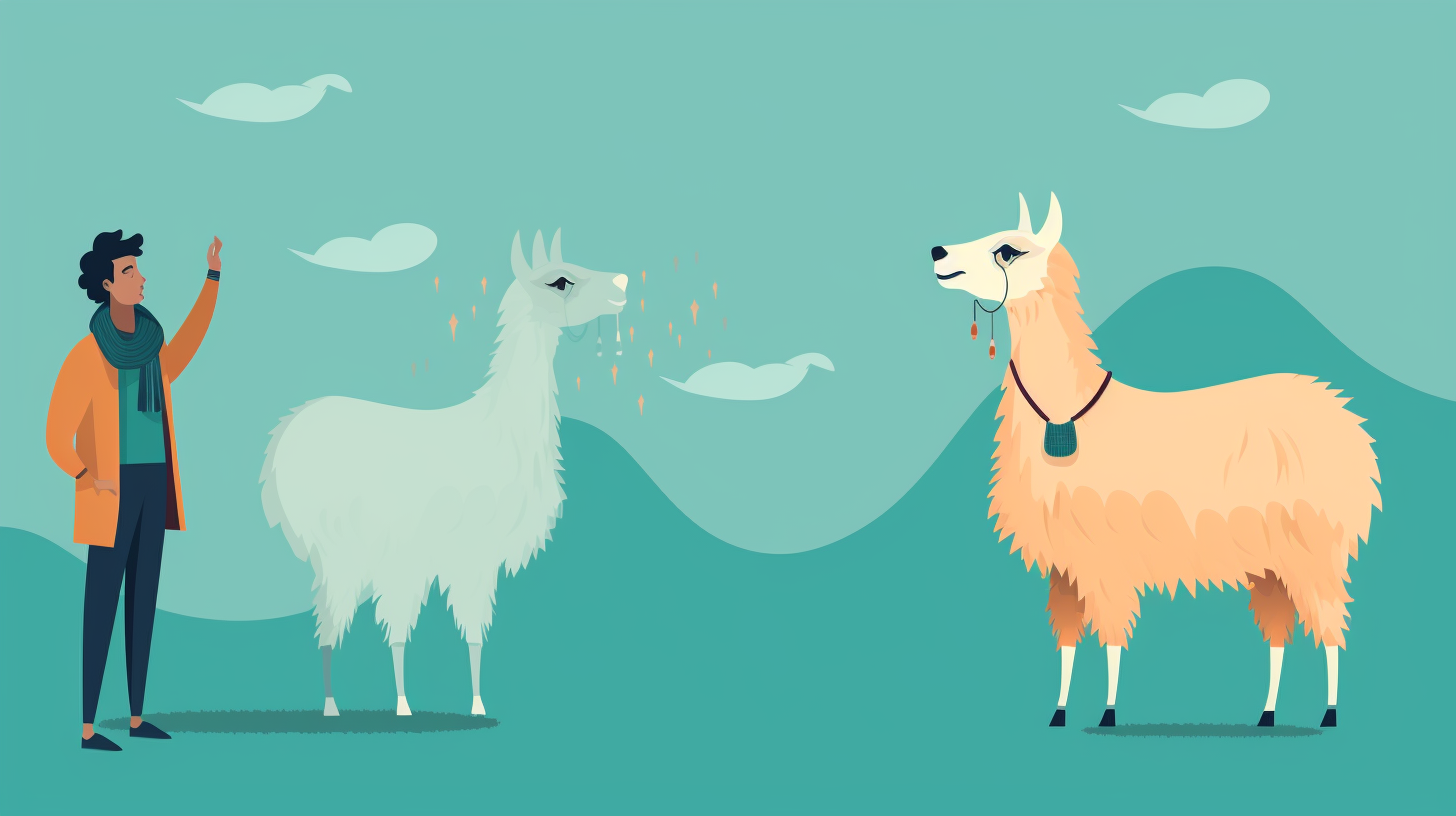 An image of a person asking a question to a llama and the llama responding with an answer