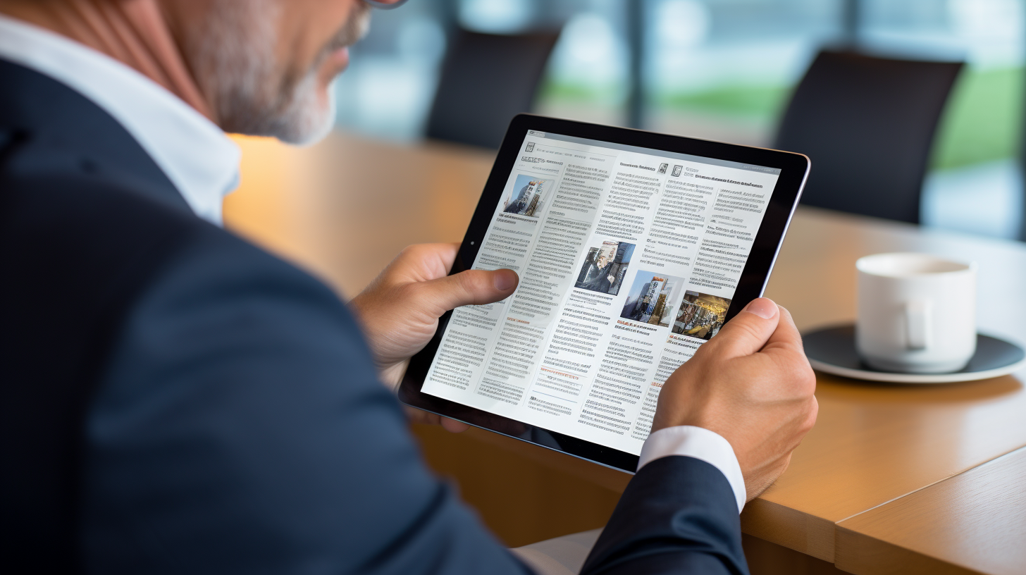 A person holding a tablet with an AI-generated article displayed on the screen