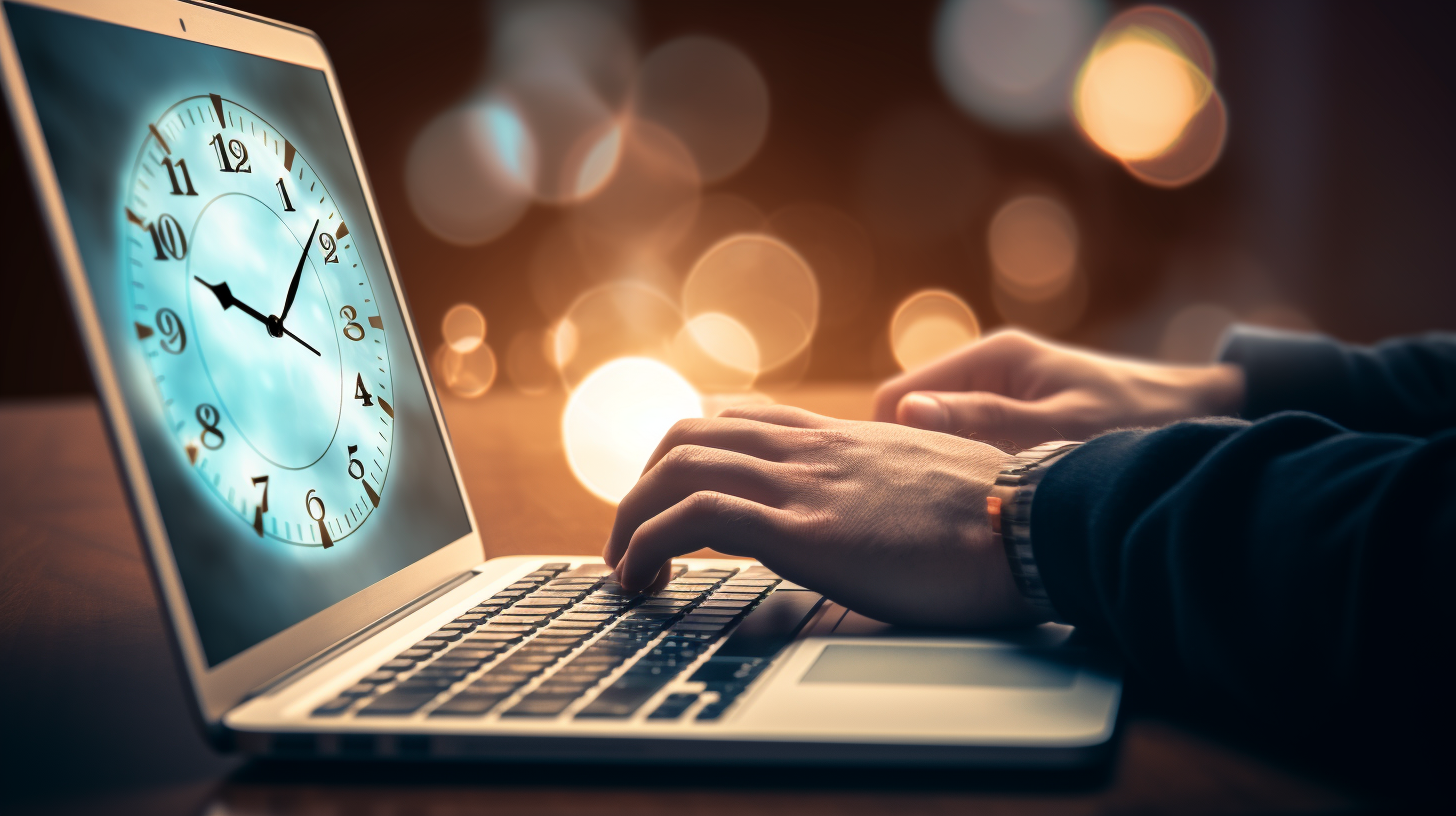 A person typing on a laptop with a clock in the background