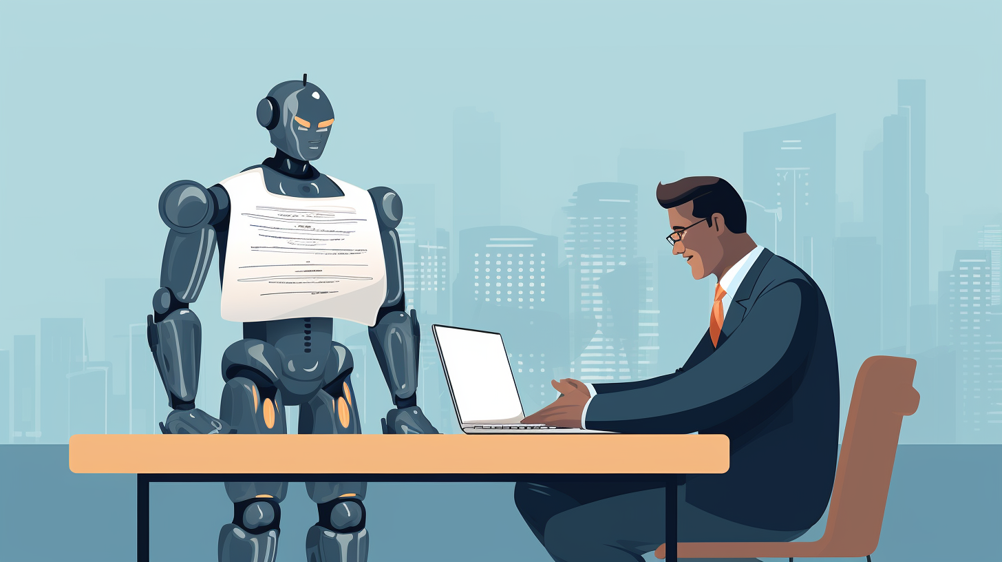 Illustration of a person and a robot sitting at a desk