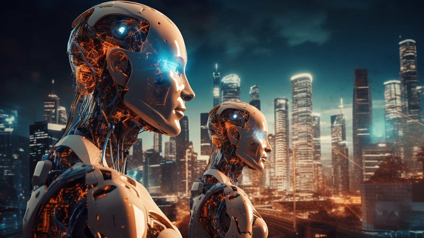 A futuristic cityscape with AI robots in the foreground