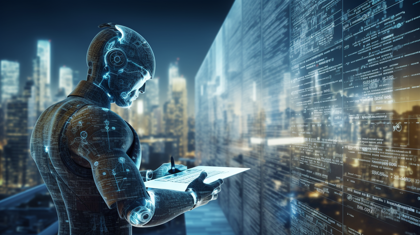 An illustration of a futuristic city with robots writing content