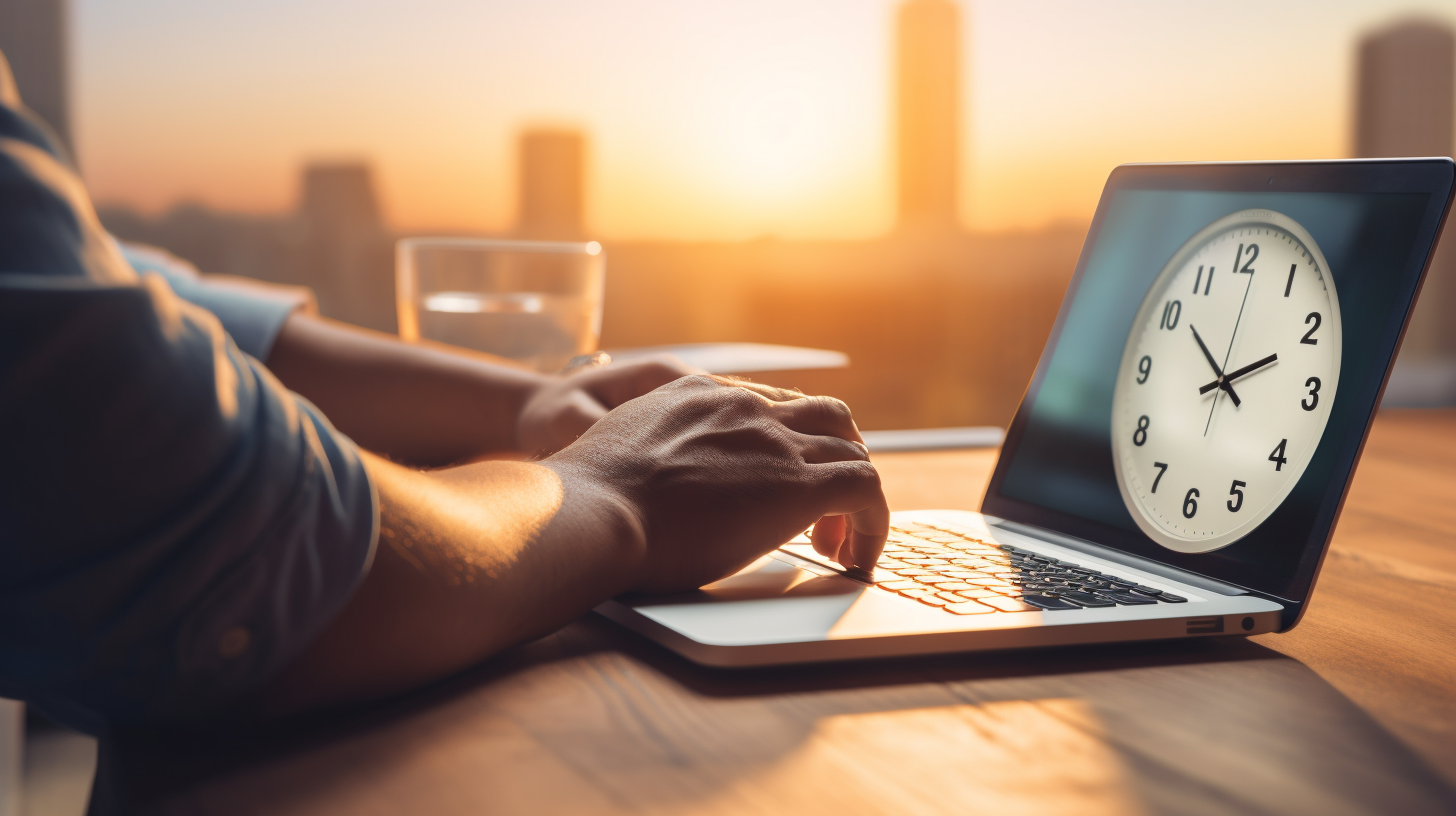 A person typing on a computer with a clock in the background