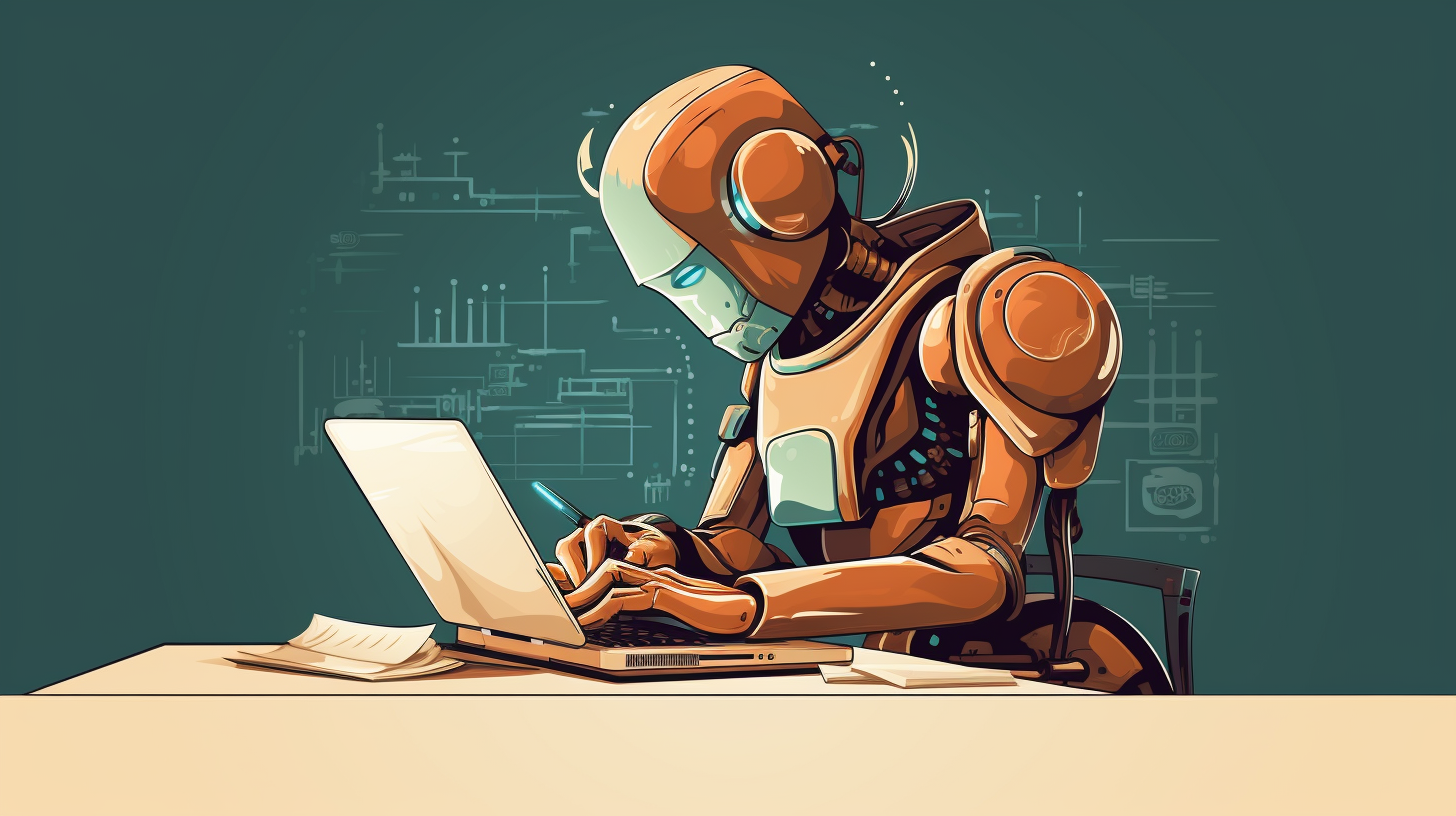 Illustration of a robot writing on a computer