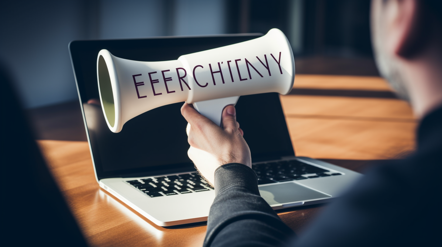 A person holding a megaphone with the word 