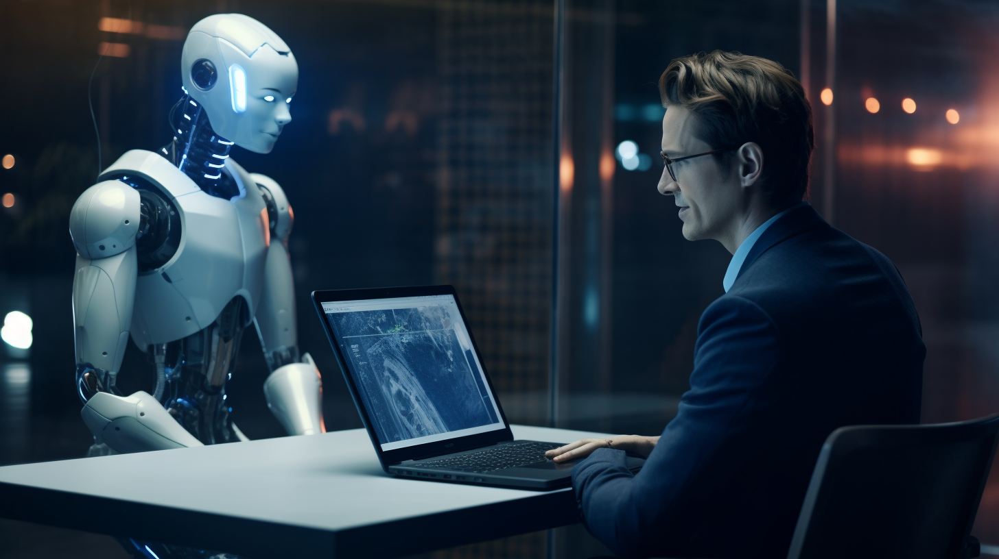A person typing on a laptop with an AI assistant on the screen