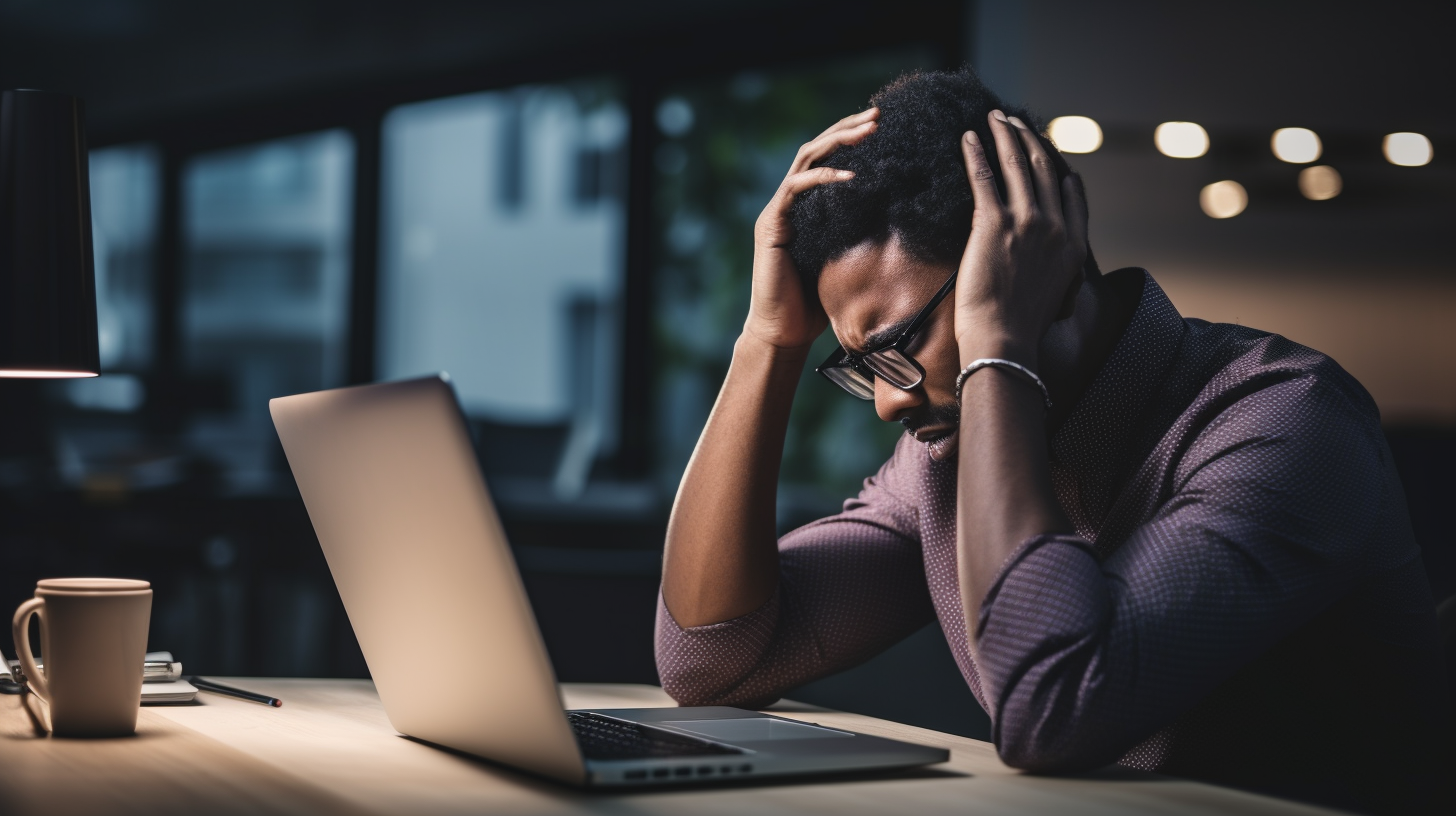 A person scratching their head while looking at a computer screen