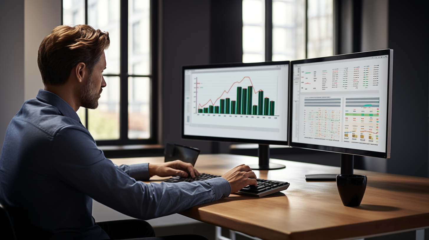 A person working on a business report with an AI assistant on the screen