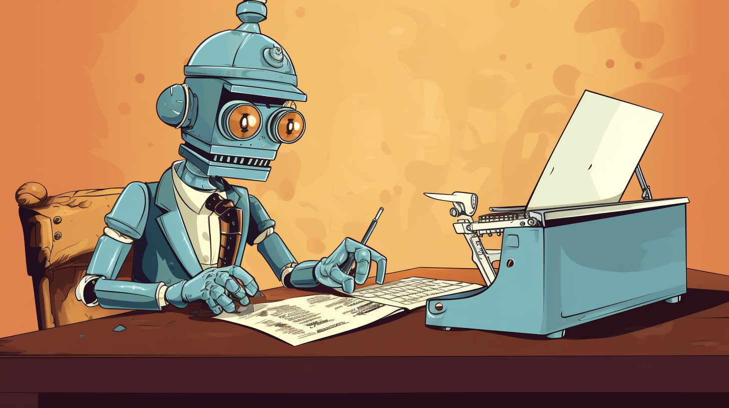 Cartoon of a robot writing a nonsensical sentence
