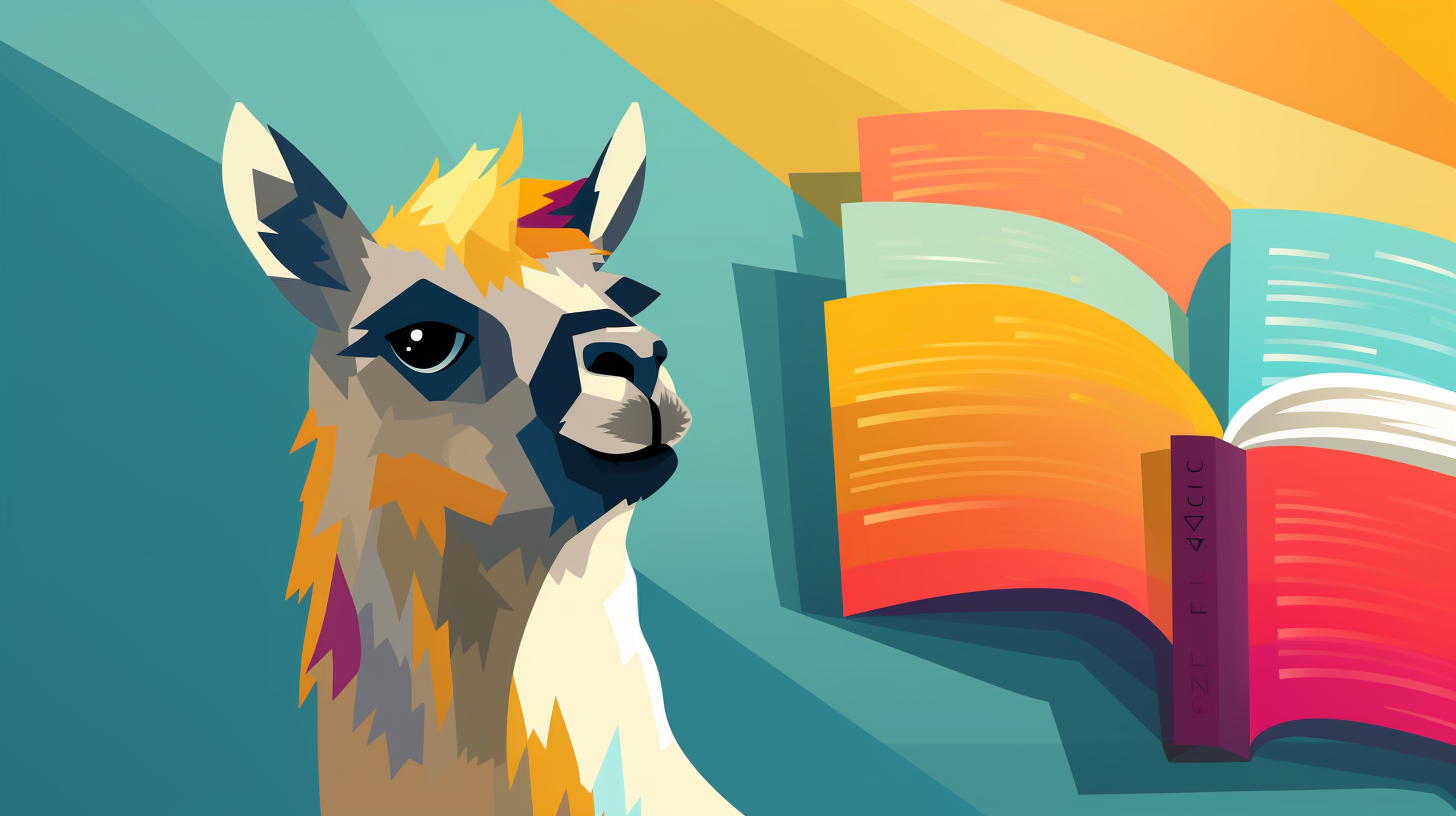 An image of a llama reading a book with a summary of the book next to it
