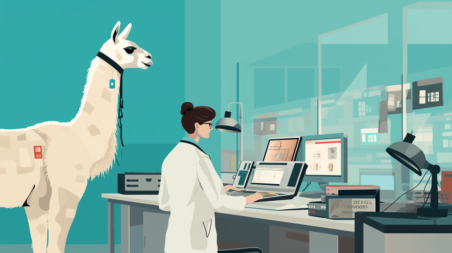 An image of a person in a lab coat working with a llama in a research lab