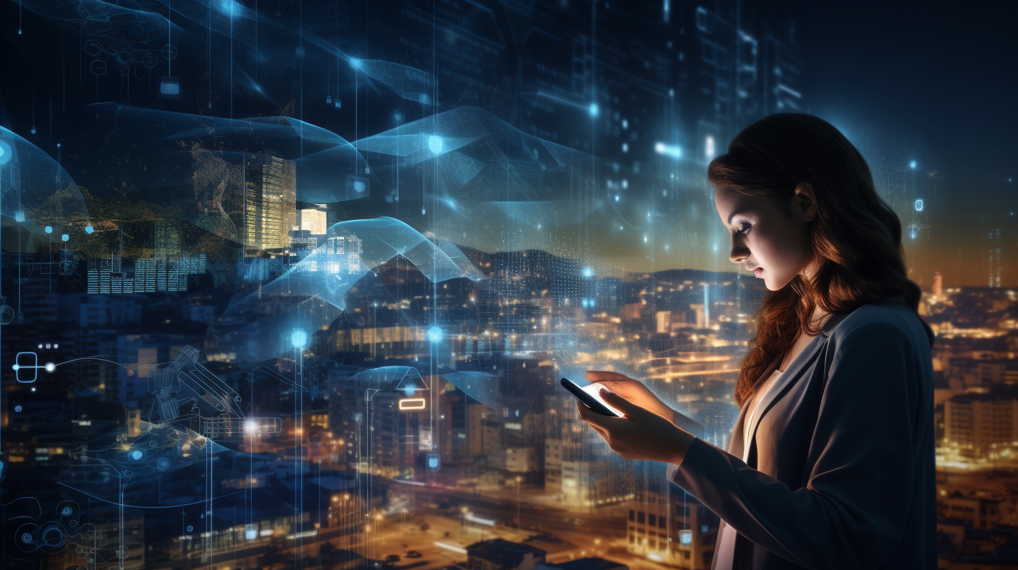 An image of a futuristic city or a person using a virtual assistant
