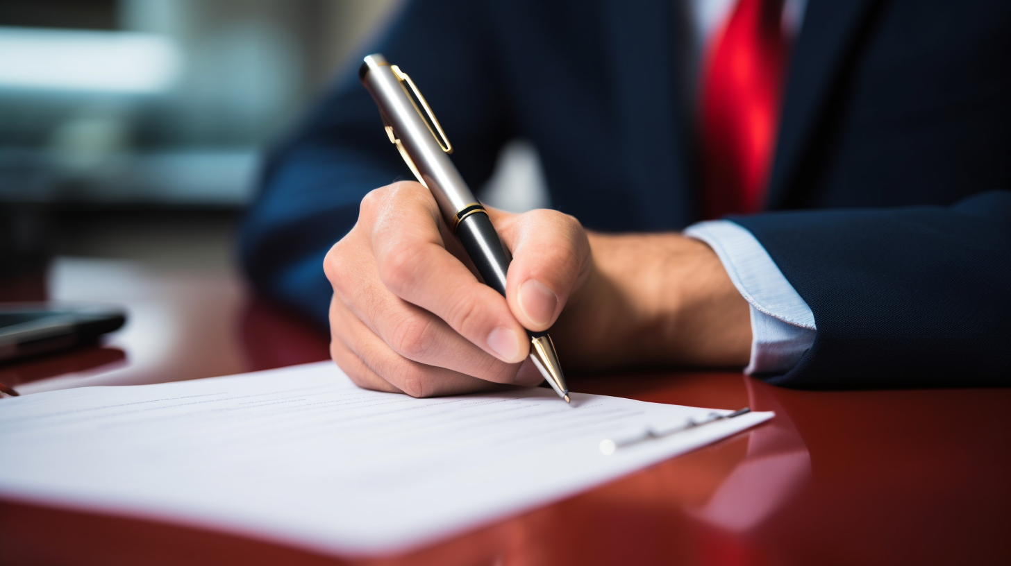 A person holding a red pen and reviewing a paper