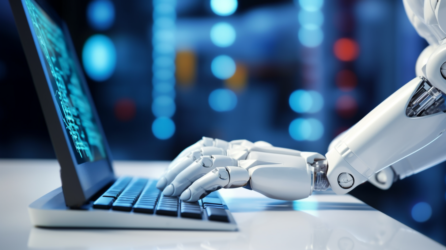 A robot typing on a keyboard