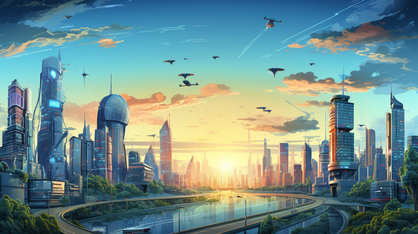 A futuristic cityscape with robots and AI technology