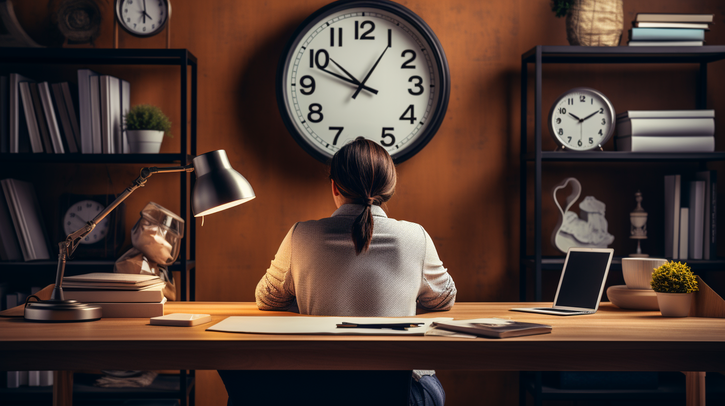 A person sitting at a desk with a clock in the background