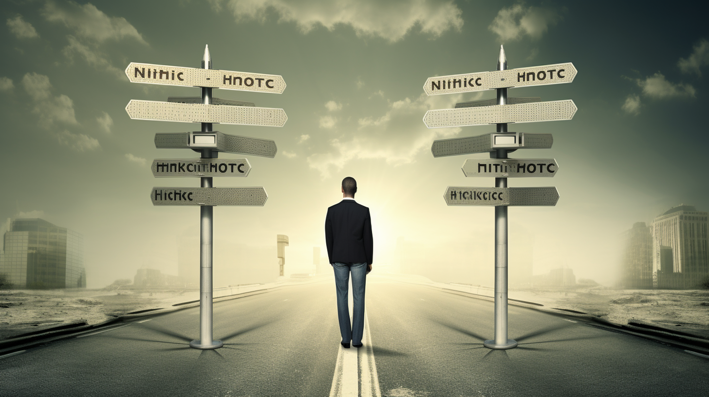 A person standing at a crossroads with a signpost showing 