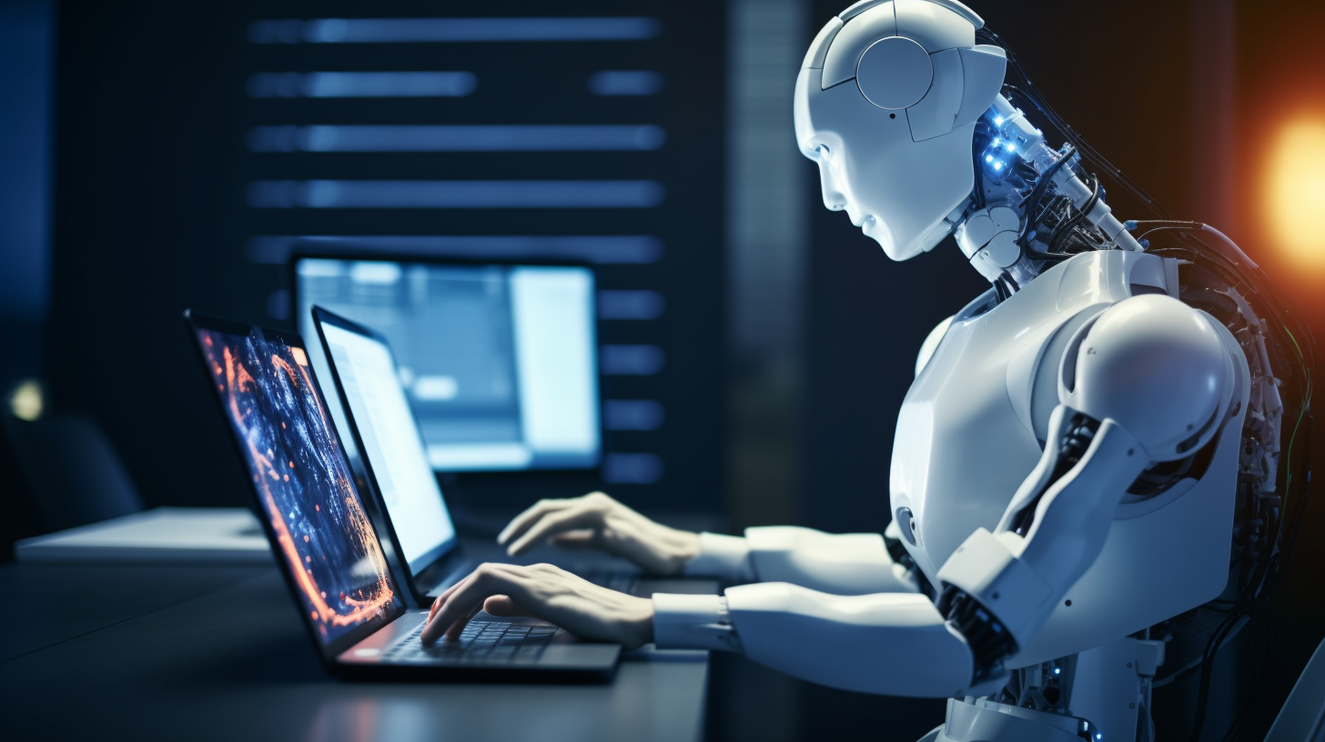 A person typing on a computer keyboard with an AI robot standing next to them