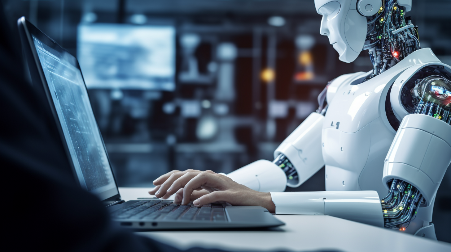 Image of a person typing on a computer keyboard with an AI robot looking over their shoulder