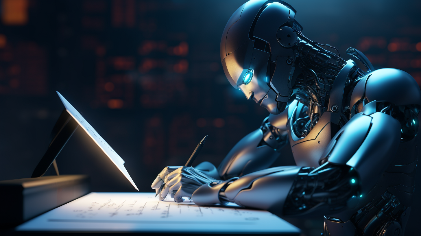 A futuristic image of a robot writing on a piece of paper