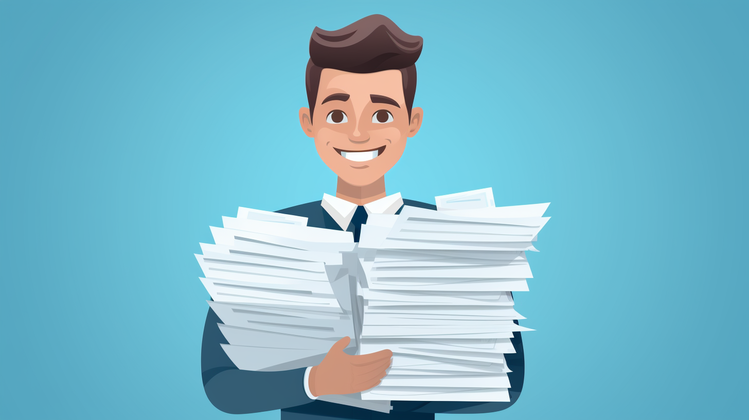 A person holding a stack of papers with a smile on their face